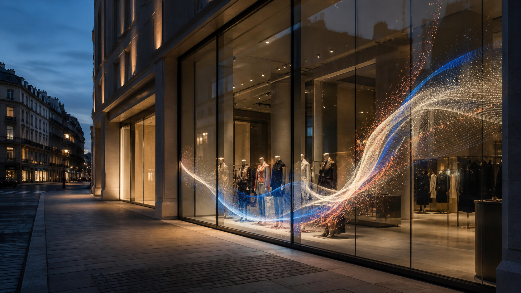 Transparentny ekran ILUMO w witrynie nowoczesnego showroomu