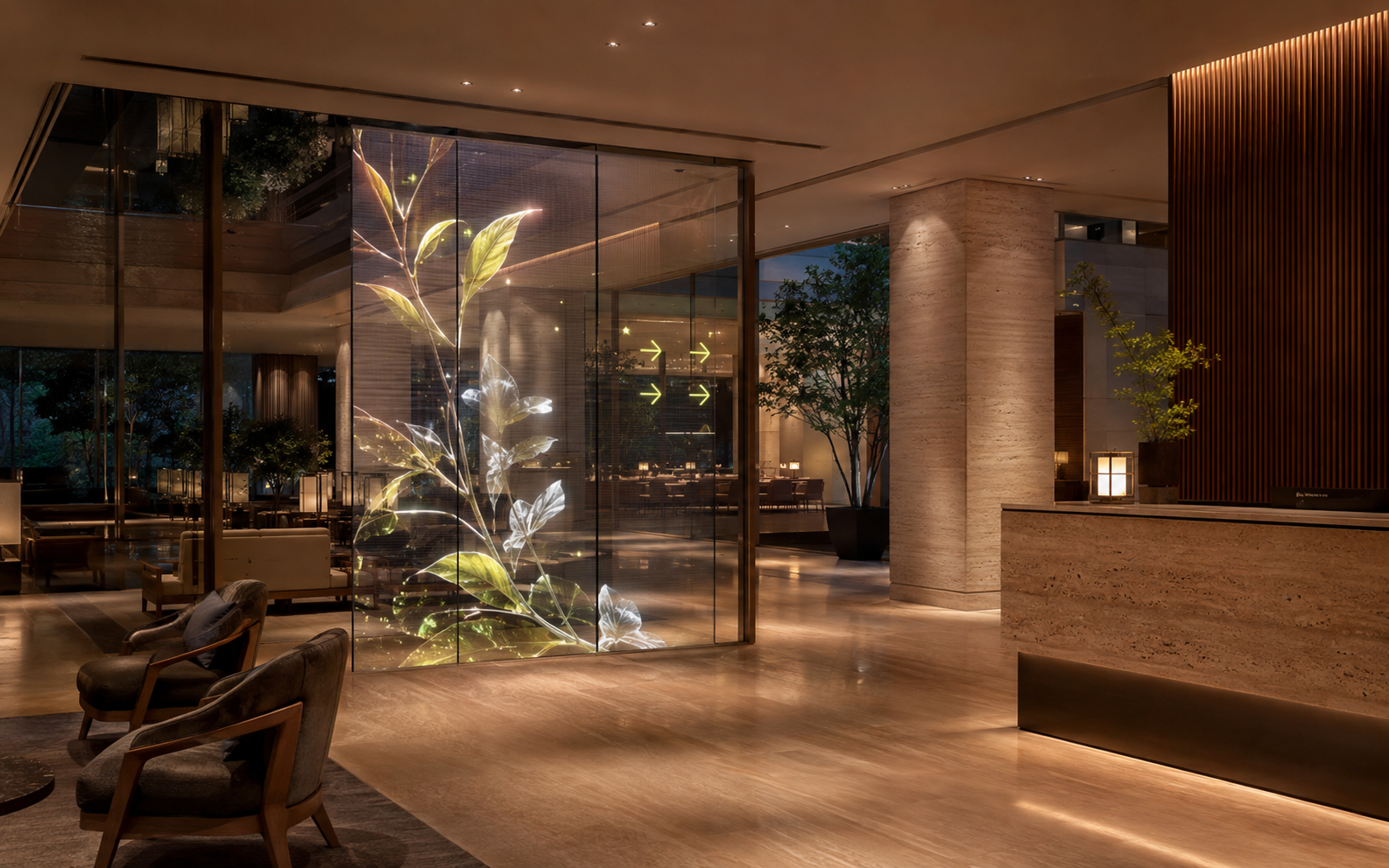 Dekoracyjna transparentna instalacja LED w hotelowym lobby