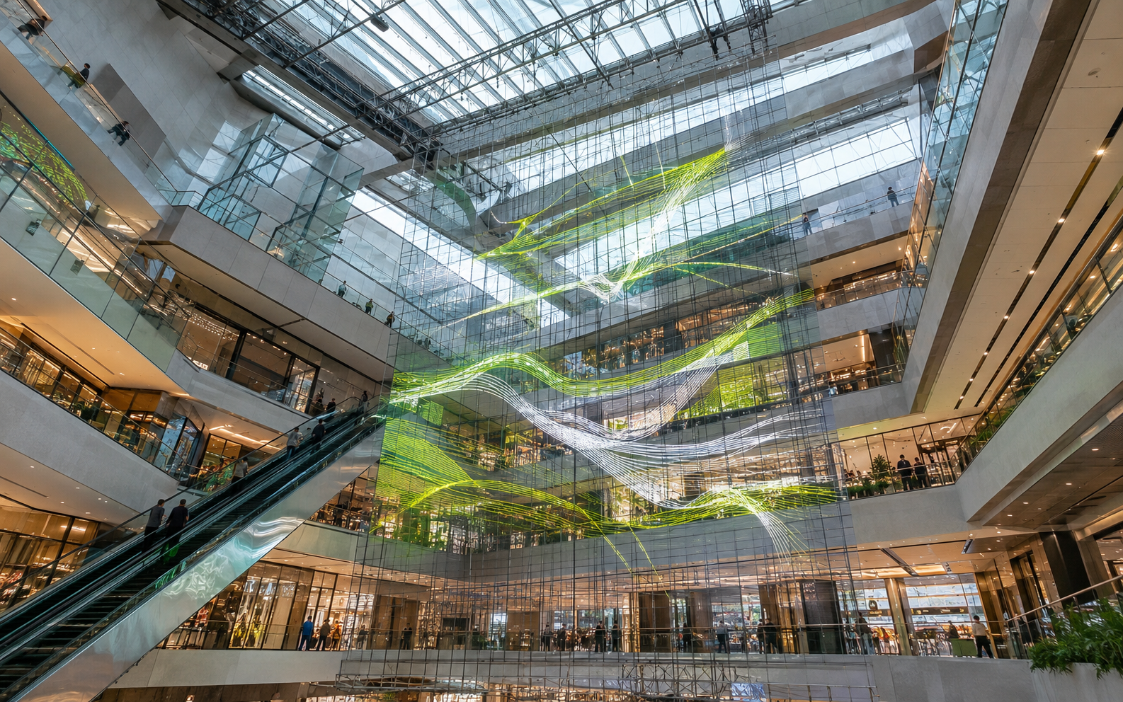 Wielkoformatowa transparentna instalacja LED w atrium galerii handlowej