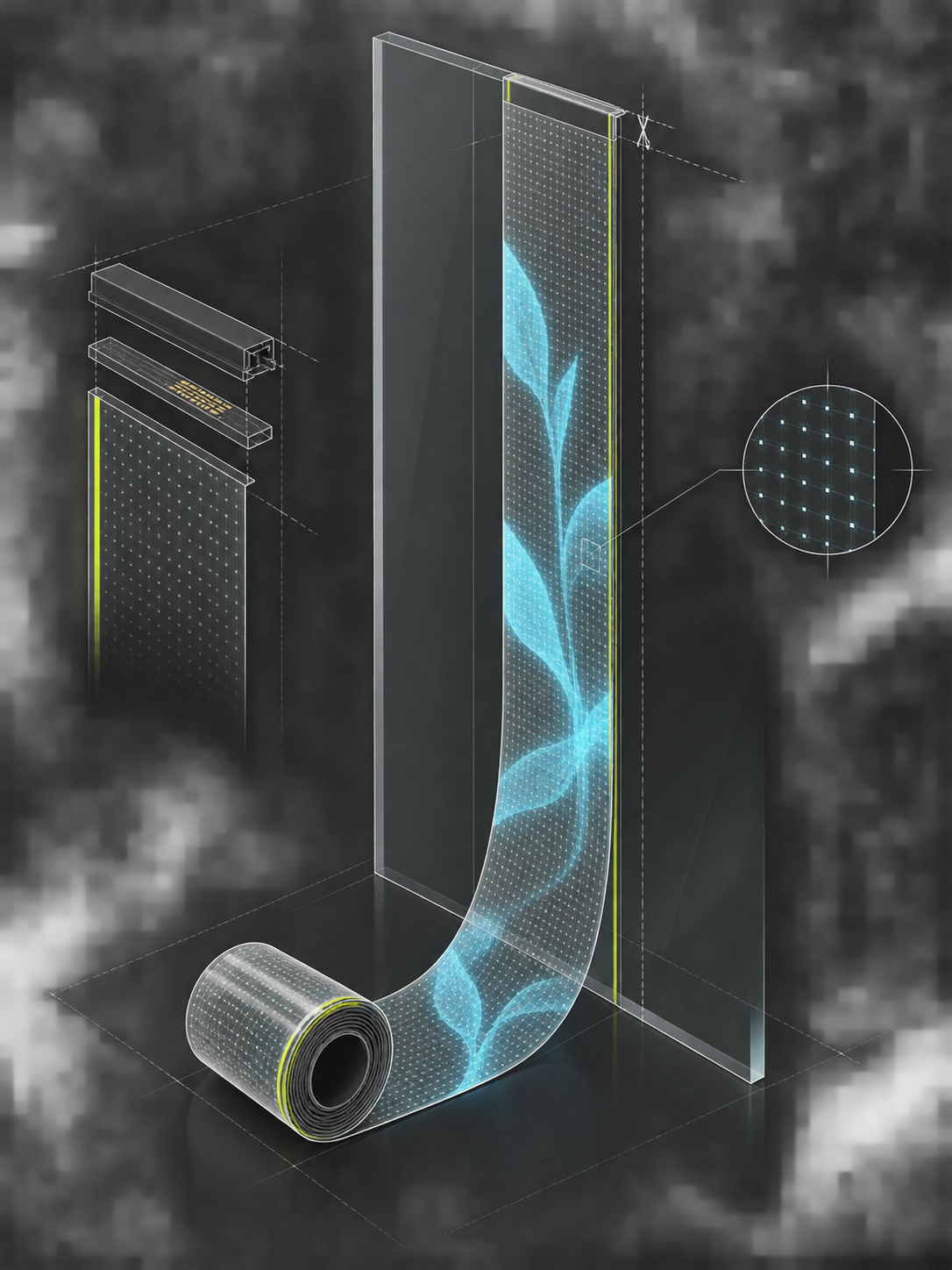 Poglądowa ilustracja techniczna transparentnego ekranu LED M2 ISC